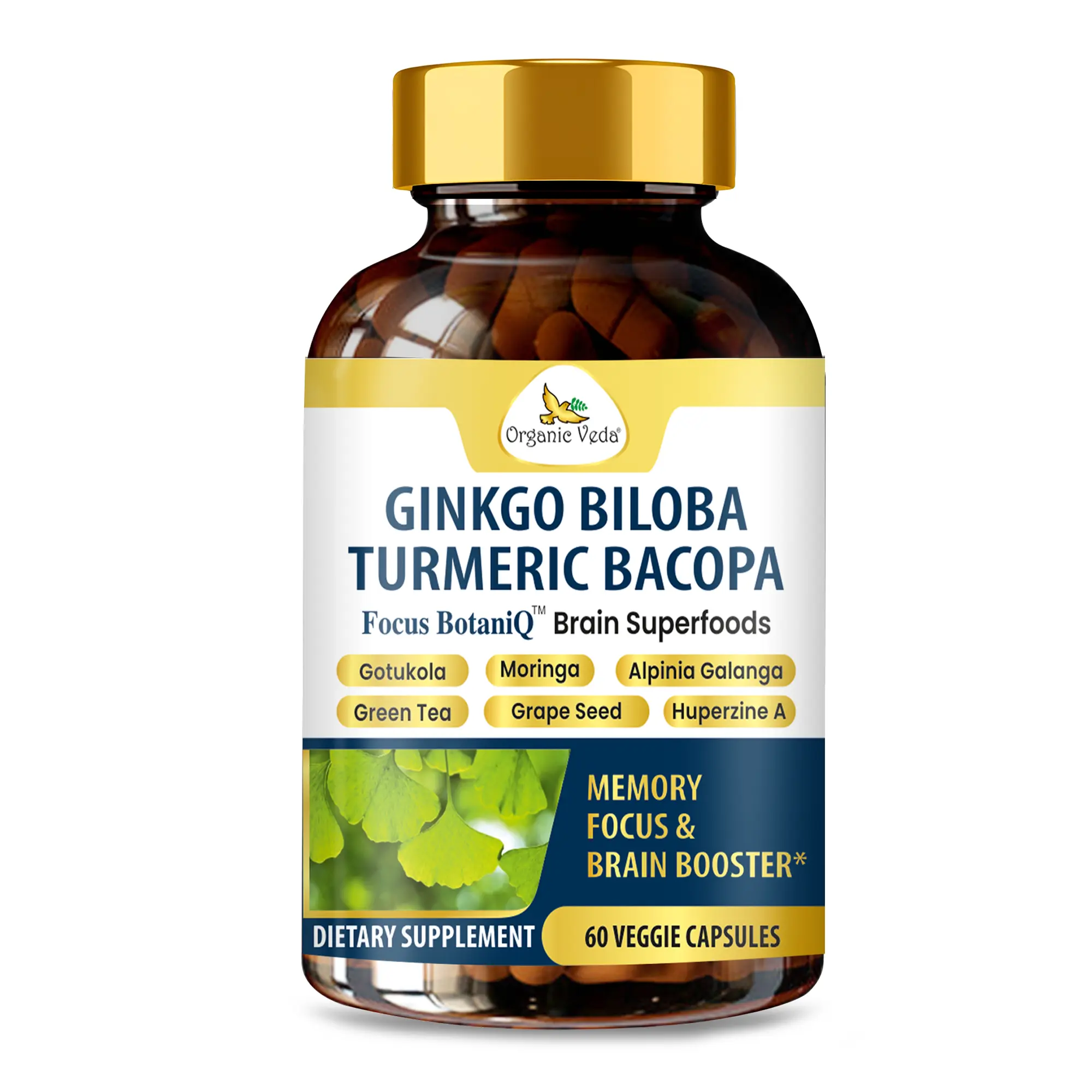 Organic Veda Ginkgo Biloba Turmeric Bacopa Botanical Brain Supplement - FocusBotaniQ Plant-Based Capsules for Energy and Focus, Mental Balance, Cognitive Support (Huperzia Serrata Extract) - 60 Count for Adults