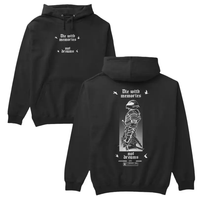 Unisex Graphic Hoodie Sweatshirt - Die With Memories Not Dreams Quote, Samurai Warrior Prints, Stretchy Spandex Fabric, Soft Casual Motivational Men's/Women's Tops Gift, Sweatshirts, Classic, Stylish, Chic, Slogan, Fitted, Cotton Blend, Pullover Hoodie