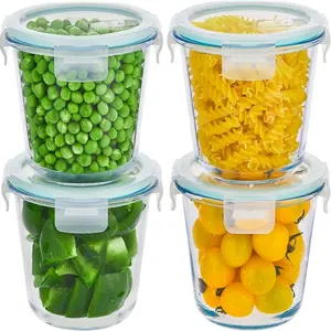 4 PCS Glass Meal Prep Containers with Lids, Airtight 4 Cup Glass Storage Containers Set, Round Deep Soup Containers with Lids for Leftover, Microwave, Dishwasher, and Freezer Safe, Leakproof Container(4 Sets)