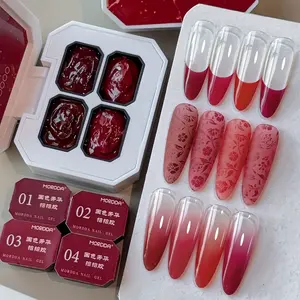 MORDDA Four-Panel “Guo Se Fang Hua” Press-On Gel — New Year Red, a fresh take on Guo Se Fang Hua press-ons for nail art. Suitable for gradient blending and color painting. LED light therapy gel, no-wipe formula, high saturation colors, shiny gloss finish.