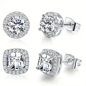 2Pairs Flat Back Earrings Round Square Studs for Men Women Earring Stacks Large Cubic Zirconia Studs Durable Flatback Accessories Women Men Elegant Jewelry