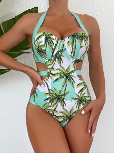 Women's Sexy Fashion One-Piece Swimsuit, Trendy Monokini Swimsuit, Multicolor All-Over Print, Sleeveless Adjustable Strap, Perfect for Pool Parties and Luxury Beach Vacations, Sleeveless Swimsuits