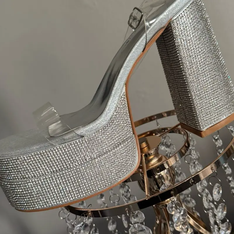 Diamante Platform Heel Women's Sparkling Silver Rhinestone Shoes with Clear Heel and Comfortable Platform Sole
