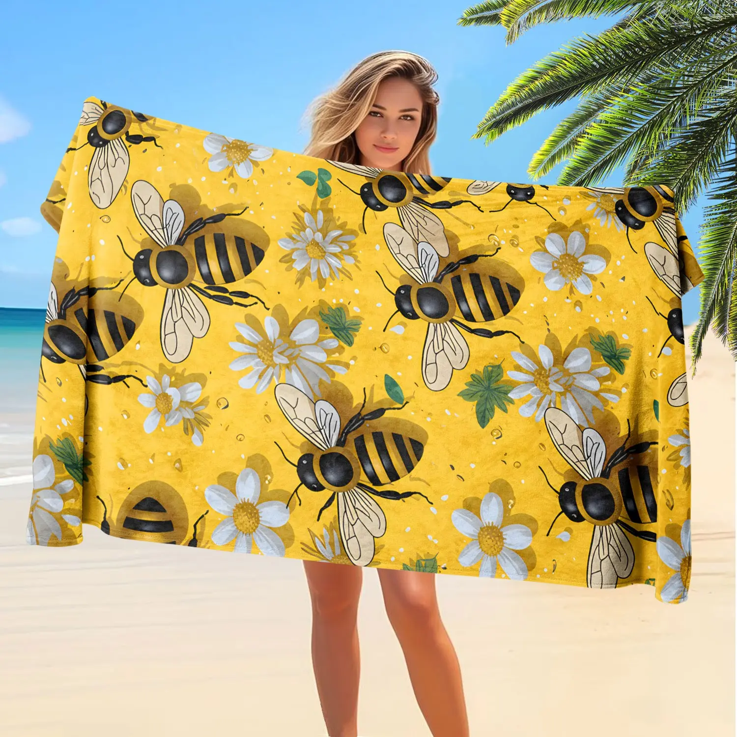1pc Bee Theme Daisy Print Beach Towel, High Absorbent Microfiber, Lightweight Durable, Ideal for Beach Pool Camping Yoga Travel, Summer Essential, Water Absorbent Towel