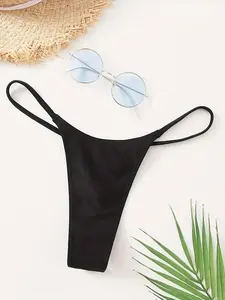 Women's Solid Drop Waist Swimsuit Thong, Casual Comfy Seamless Swimwear Bottoms, Summer Bikini Bottoms for Women, Swim Panty