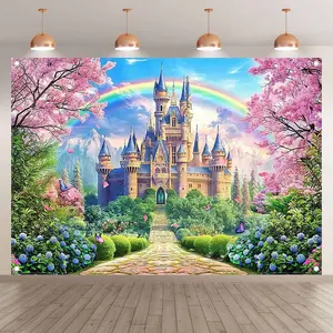2D Flat Banner 1pc, Colorful Castle Design, Blue Background, Suitable for Various Occasions, Holiday Decor, Multiple Sizes Available, No Power Needed