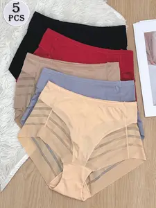 Women's Lace Seamless Patchwork Mid-Waist Thong Panties, Comfortable Casual Fitted Underwear, 5 Pcs Set, All Seasons, Fashion Comfy Underwear