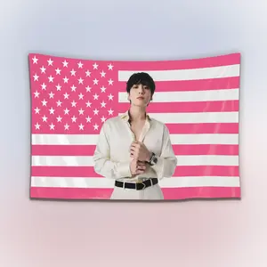 Bangtan Boys Pink America Flag Tapestry, K-Pop Fan Wall Hanging Decor, Retro World Tour Art Banner, Aesthetic Bedroom Music Wall Tapestry, Gift for Fans