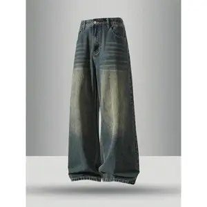 Men's Vintage Wash Pocket Wide Leg Jeans, Loose Casual Comfy Denim Pants for Daily Wear, Woven Bottoms for All SeasonsGift