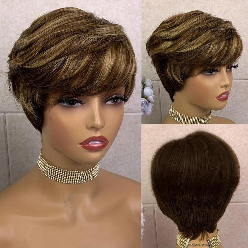 Highlight Ombre Blonde Honey Gold Human Hair Wigs Short Straight Pixie Cut Hair Bob Wig Hair For Woman
