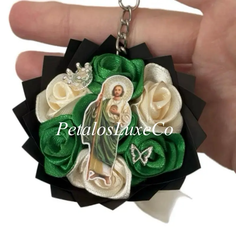 Handmade San Judas keychain with satin roses - Elegant Religious gift