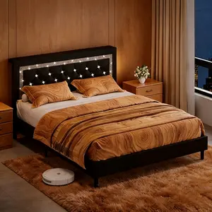 Queen/Full/Twin LED Bed Frame with RGB Lights & Storage Drawer, Diamond Tufted Headboard, Wooden Slats Support, No Box Spring Needed, USB LED Strip, Easy Assembly, White/Pink/Black Bedroom Furniture