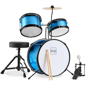 Best Choice Products Kids 3-Piece Beginner Drum Set with Sticks, Cushioned Stool and Drum Pedal - Light Blue