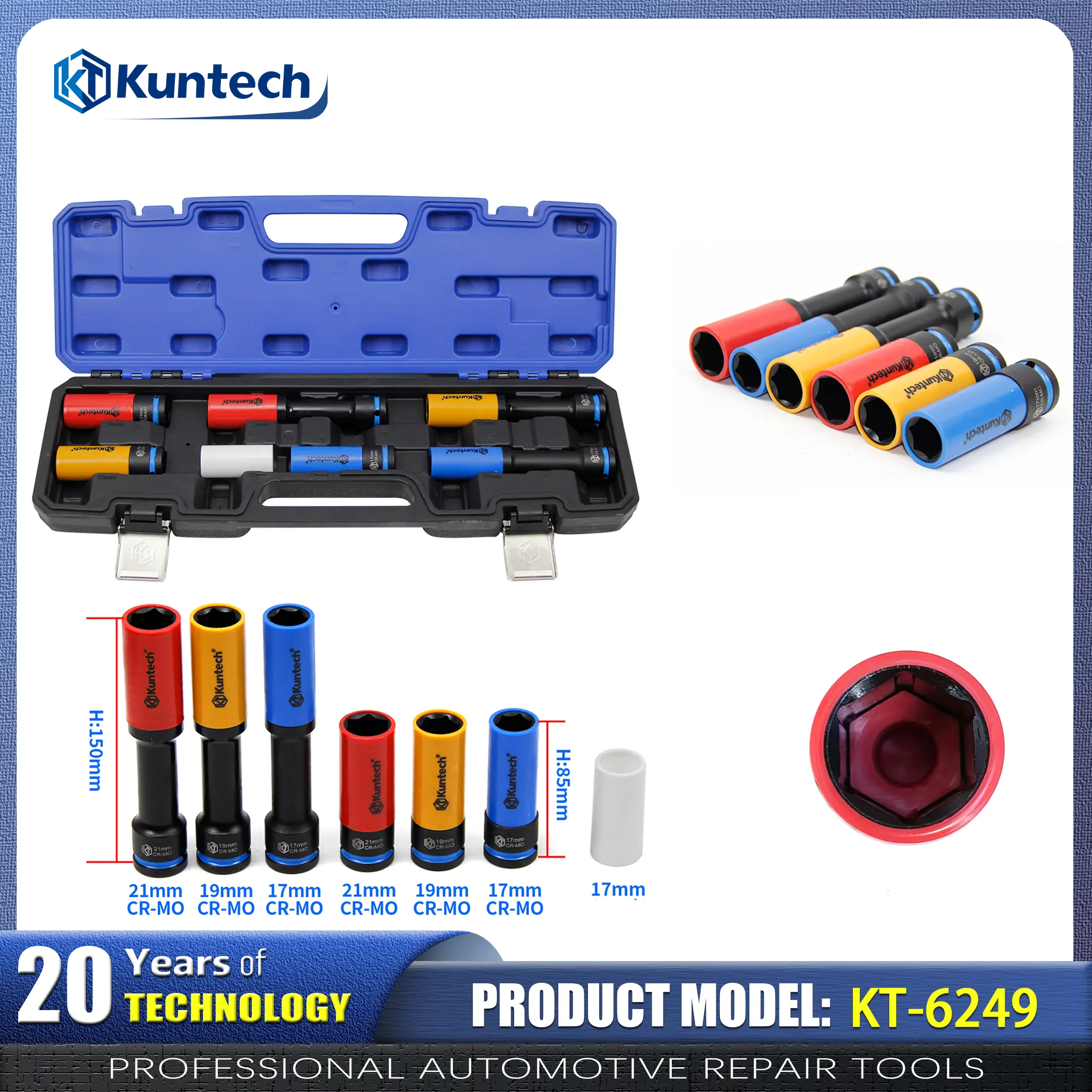 Kuntech KT-6249 7Pcs 1/2 Inch Drive Extended Wheel Impact Socket Set, CR-MO Steel Anti-Scratch Protective Lug Nut Sockets for Pneumatic Wrench Alloy Wheel Tire Disassembly