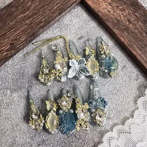 Blue Elf Luxury Press On Nail Stiletto Shape Garden Charms