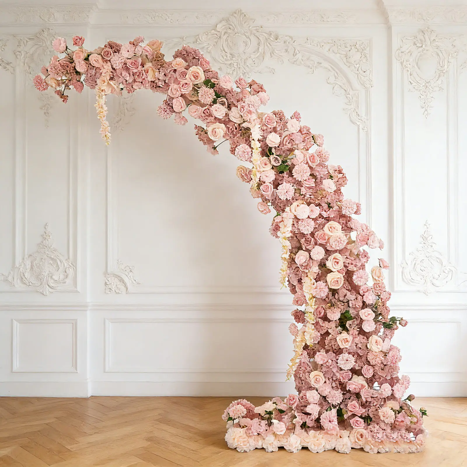 Silk Floral Backdrop for 8ft Half Crescent Wedding Arch – Foam-Backed Artificial Flower Arch in Dusty Rose Mix with Roses, Hydrangeas & Chrysanthemums