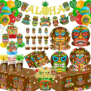 Tiki Party Decorations,190pcs Hawaiian Luau Party Decorations Plates and Napkins Cups Balloons Tablecloth Cake Topper Honeycomb for Hawaiian Party Decoration,Serves 24