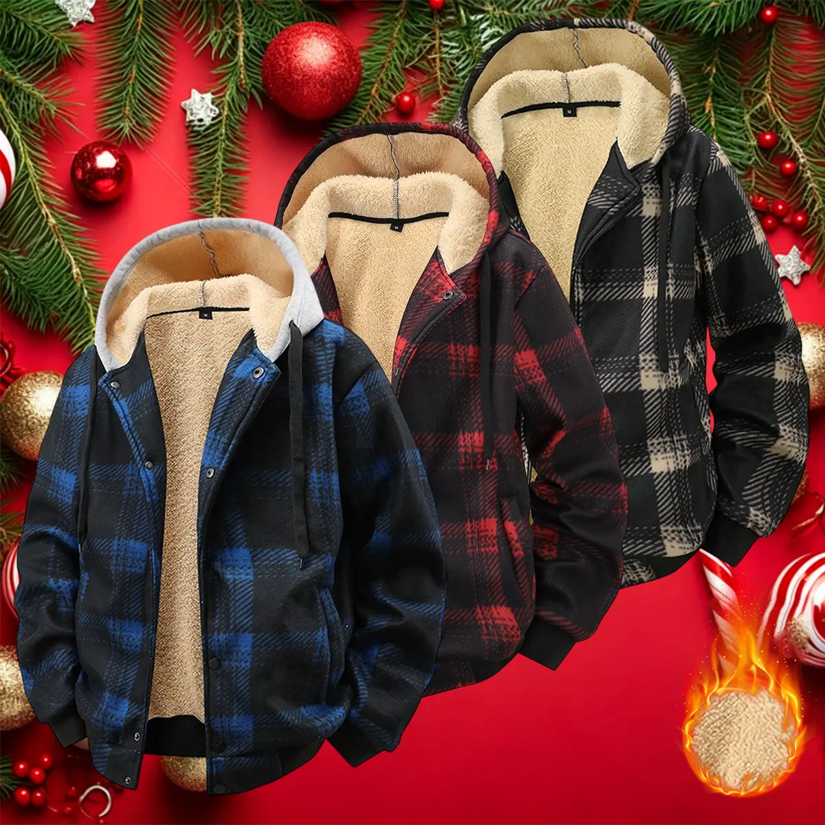 3-pack winter fleece flannel plaid shirt jacket for men with hood, warm sherpa lining; stylish, versatile for business/commute and casual wear; wrinkle-resistant, no ironing needed; suitable for outdoor sports like hiking and camping; high-quality streetw