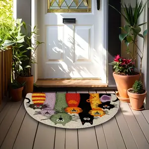 Half Round Humorous Cartoon Cat Mat, Colorful Non-Slip Indoor Outdoor Rug, Dirt Trapper for Entryway Hallway Garden Kitchen, Durable Gift for Cat Lovers