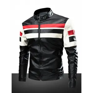 High-quality men's casual fashion windproof, waterproof, abrasion-resistant, scratch-resistant PU leather racing jacket. Versatile trendy patchwork cuffs with zipper closure. Outdoor sports leather jacket. Perfect as a gift for friends.