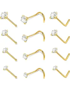 12pcs Plated Hypoallergenic Nose Rings, L-Shaped Corkscrew Nose Studs with Synthetic Zircon, 1.5-3mm, Round Cz Design, Daily Wear & Party Jewelry, Nose Piercing Jewelry
