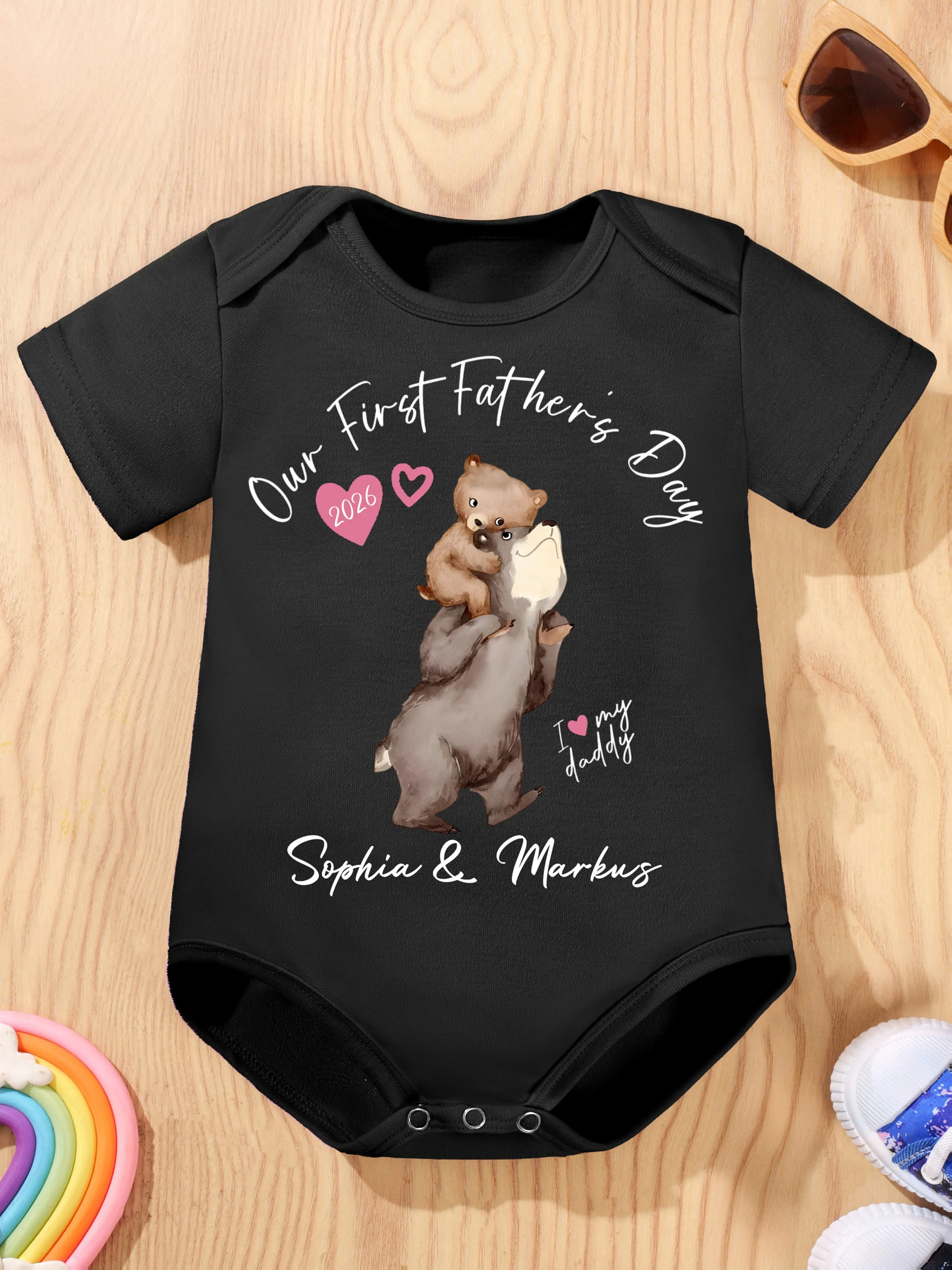 Personalized "Our First Father's Day 2026" Bear Short Sleeve Cotton Baby Bodysuit, Custom Name Infant Romper Baby Clothing