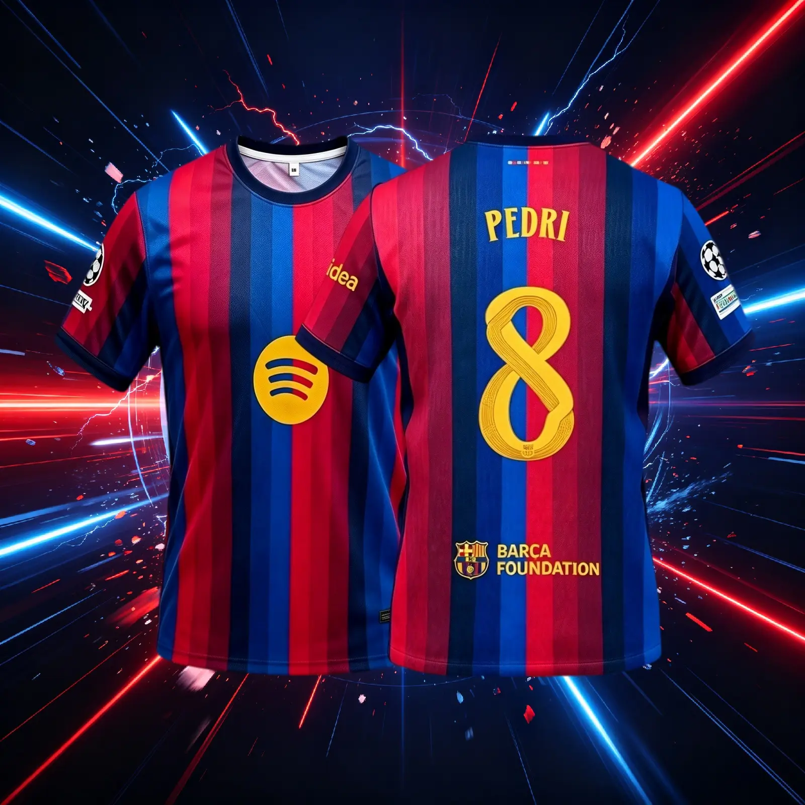 8# Pedri 26 27 Home Red And Blue Short Sleeve Soccer Jersey Fans Version