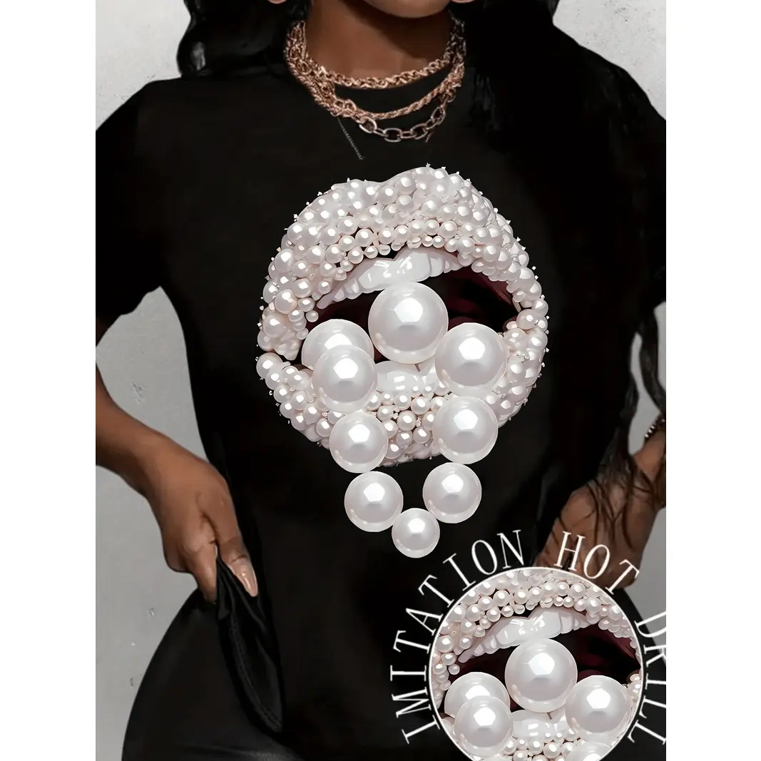 art jewelry lip pattern art print t shirt   womens t shirt summer short sleeve top casual black -1