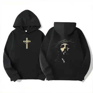 BelleHeaven  Hoodie Printed Cross on Front and Jesus Wearing Crown of Thorns on Back