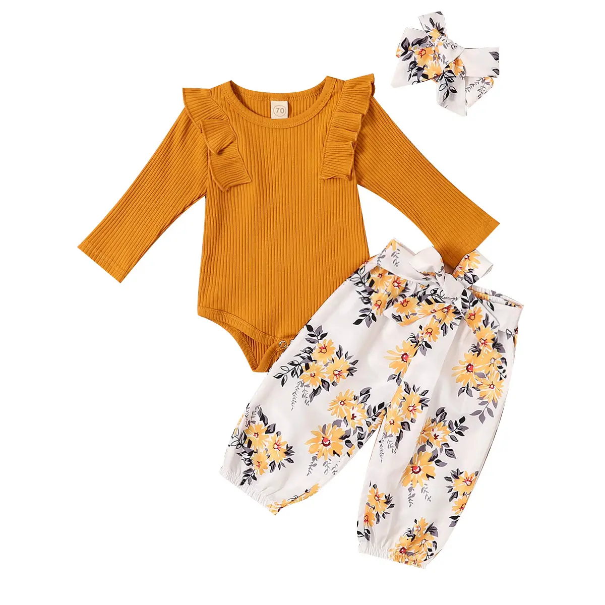 LAGKIYOJ Newborn Baby Girl Clothes Outfits Fall Winter Long Sleeve Ribbed Onesie Romper+Wide Leg Long Pants Headband Set 0 3 6 9 12 18 24Months Toddle