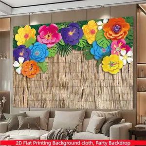 1PC, Tropical Paper Floral Backdrop, Summer Flowers on Bamboo Fence Theme Photography Background, Polyester Fabric, Suitable for Photo Booth, Party, Birthday, Celebration, and Indoor/Outdoor Home Wall Decor