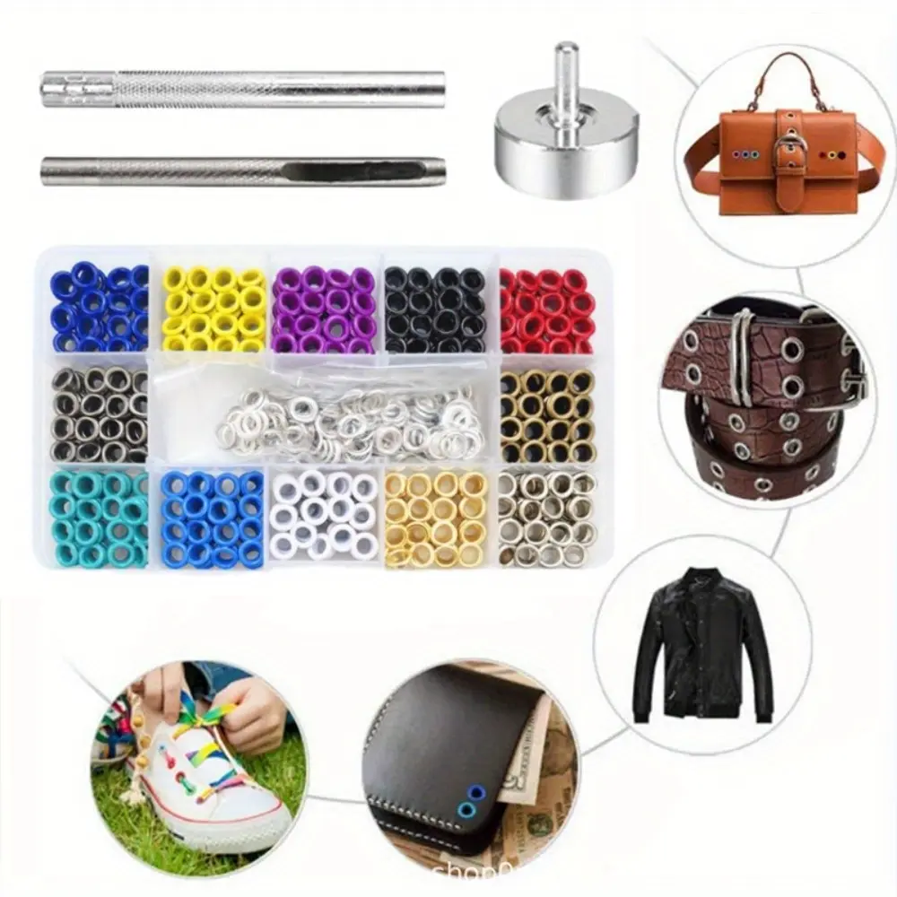600-Set Copper Metal Eyelet Grommet Kit - 5mm Size, 9mm Outside Diameter, 12-Colors, 3-Piece Tool Set for Leather Crafting, Clothing, Lace Decoration, Diy Crafts, 9 Mm Outside Diameter