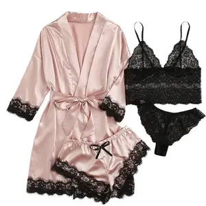 Lingerie for Women Sets, Women 4PC Satin Set Lace Lingerie Pajamas Camisole Bra Sleepwear Robe Shorts Sexy Nightdress Sexy Underwears Nightwear Sets