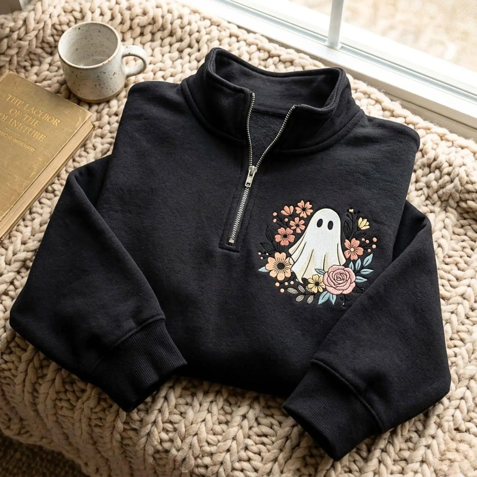 [Made in US] Ghost Floral Embroidered Quarter Zip Sweatshirt – Cozy Cotton Blend Pullover