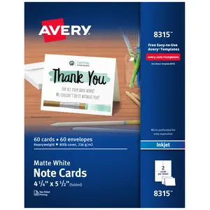 Avery Printable Note Cards with Envelopes, 4.25" x 5.5", Matte White, Inkjet Printer Compatible, 60 Blank Cards Total (8315)
