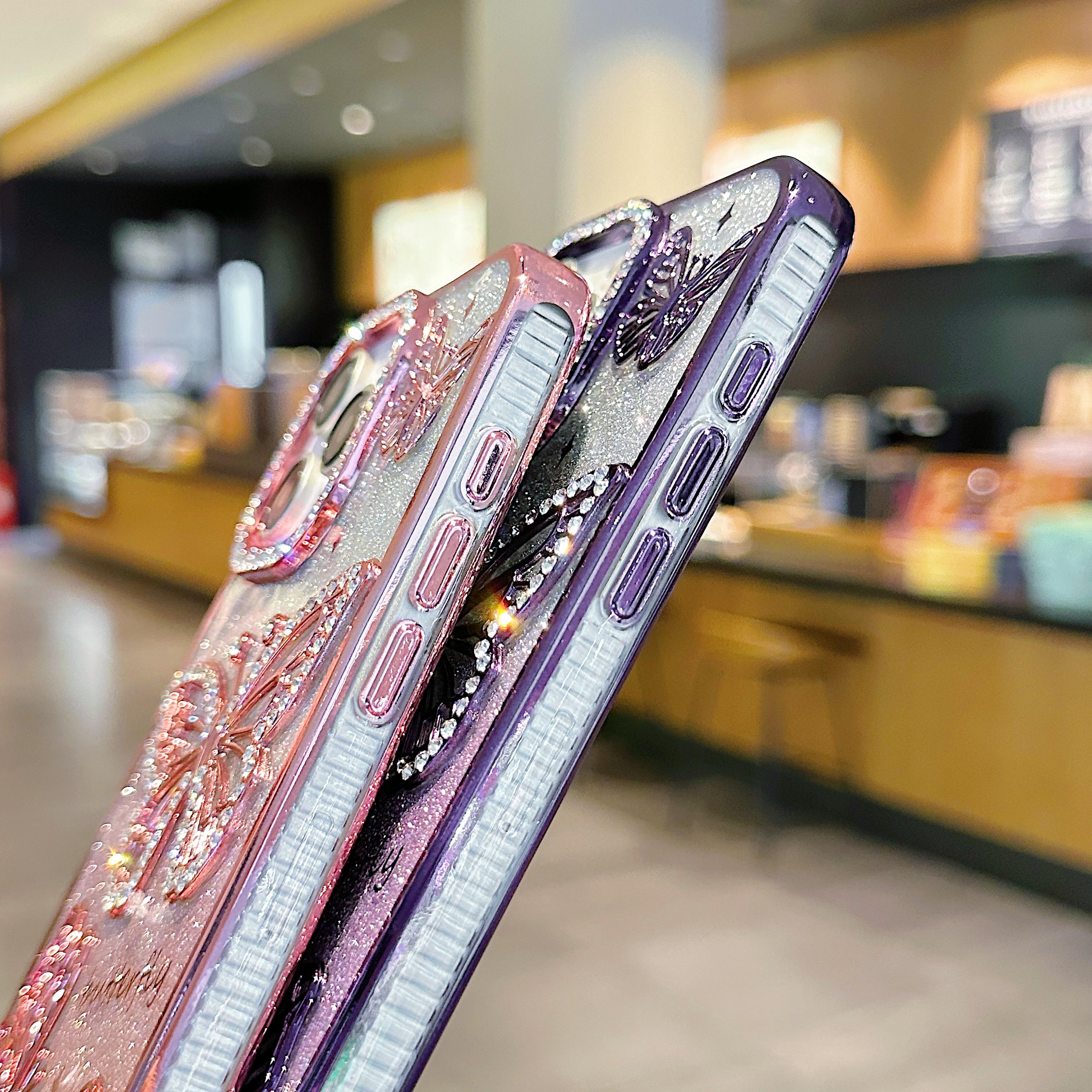 3D Inlaid Rhinestone Butterfly Phone Case – Compatible with iPhone 17/16/15/14/13/12 | Gradient Glitter Electroplated Finish, Transparent Full-Cover Soft Silicone, 3D Inlaid Rhinestone Protective Case