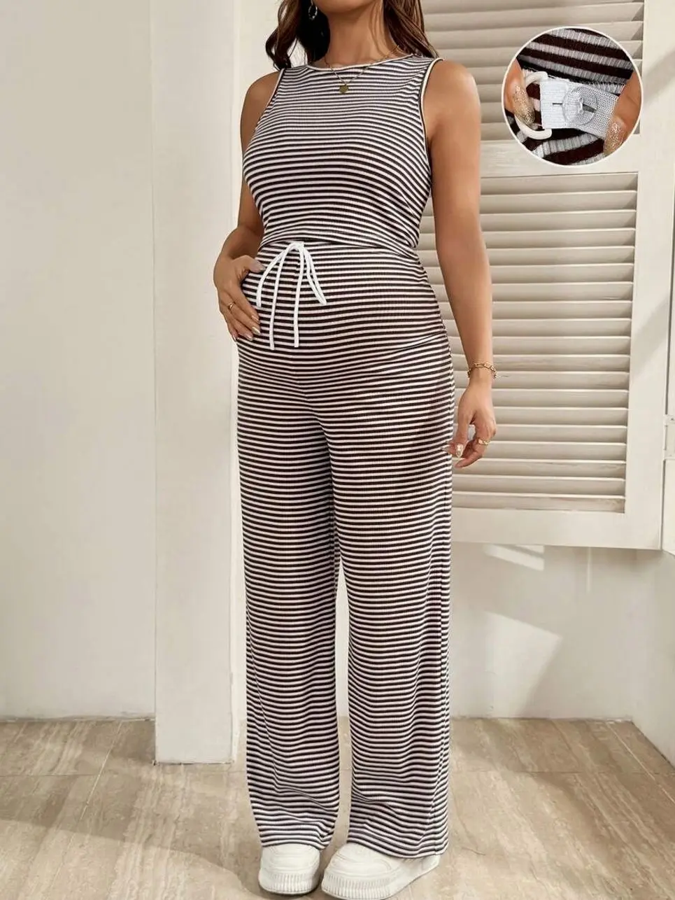 Maternity Striped Camisole & Pants Set | Comfortable Two-Piece Outfit | Sleepwear for Moms