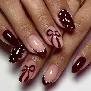 24pcs Vintage Sweet Girl Wine Bow Polka Dot Nail Set, Pearl Bow Dots, Oval Shape, Easy Peel, Perfect for Christmas Party