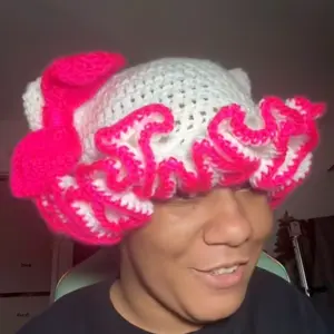 Hello Kitty-Inspired Ruffle Crochet Hat Beanie - Soft Girl Era, Cozy & Kawaii, Handmade, Perfect for Hello Kitty Lovers