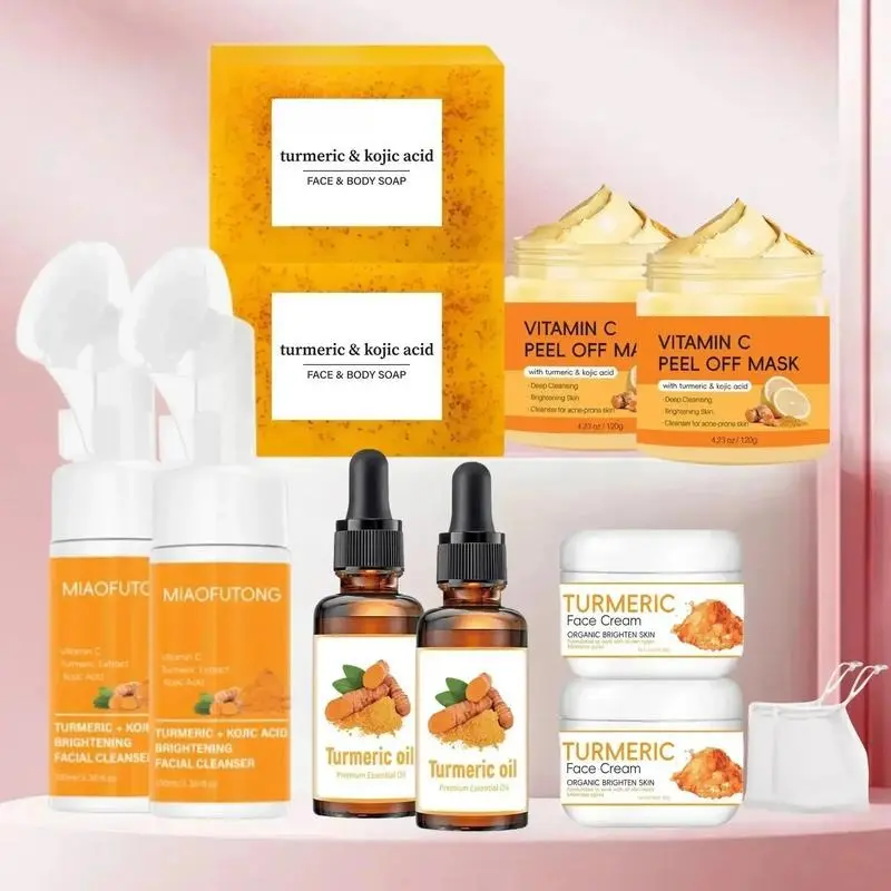 Kojic Acid Turmeric Skincare Set, Soap & Mousse Cleanser & Oil & Peel Off Mask & Face Cream Set, Deep Cleansing & Nourishing Skin Care Set for Women & Men, Moisturizing Kit, Skin Brightening Kit, Vitamin C Christmas and New Year gifts