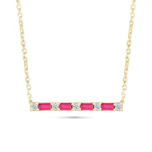 Alternating Emerald Cut Ruby and Round White Sapphire Bar Necklace