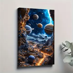 1 piece of 2D galaxy cave and planet oil painting poster, suitable for decorating living rooms, dining rooms, garages, offices, bars, courtyards, and other spaces, with a solid wood frame, size 11.81x 17.72inch