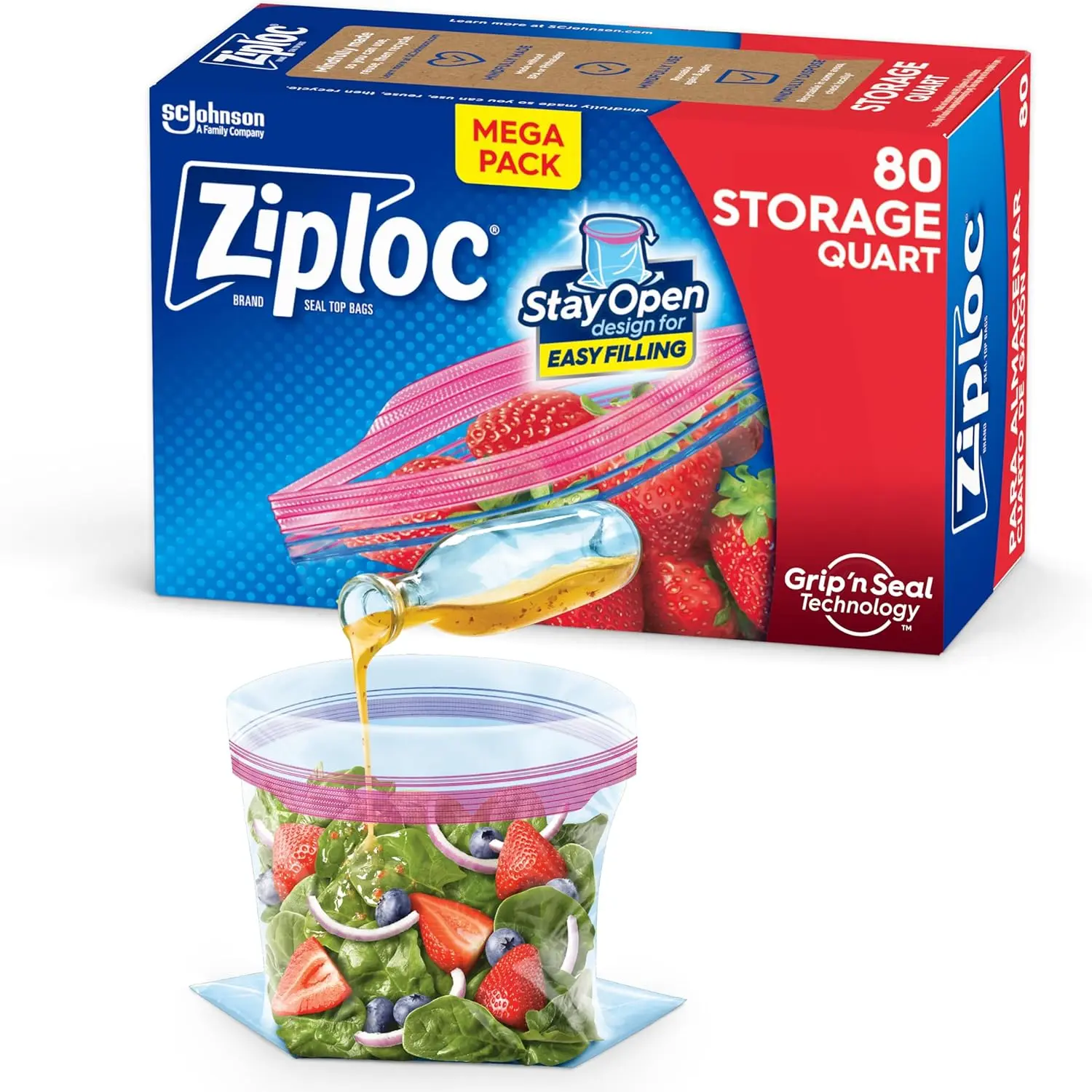 Ziploc Quart Food Storage Bags, Stay Open Design with Stand-Up Bottom, Easy to Fill, 80 Count SC Johnson