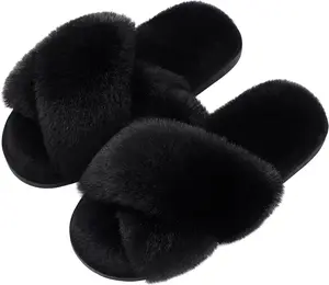 Women’s Fuzzy Faux Fur Slippers with Memory Foam – Open Toe Fluffy House Slides with Anti Slip Sole, Soft Indoor Outdoor Bedroom Slippers for Cozy Comfort, Lightweight Plush Home Shoes for Women