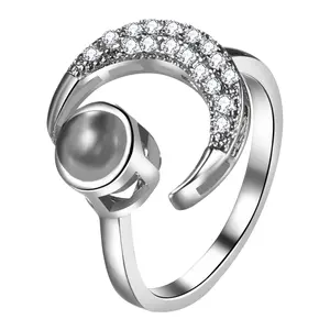 OIDEA Adjustable Ring for Women - Polished Brass, Cubic Zirconia, Moon & Sun Motif, Open Band, 100-Language 'I Love You' Engraved, Unisex Romantic 1-Size-Fits-Most Anniversary Statement Costume Jewelry