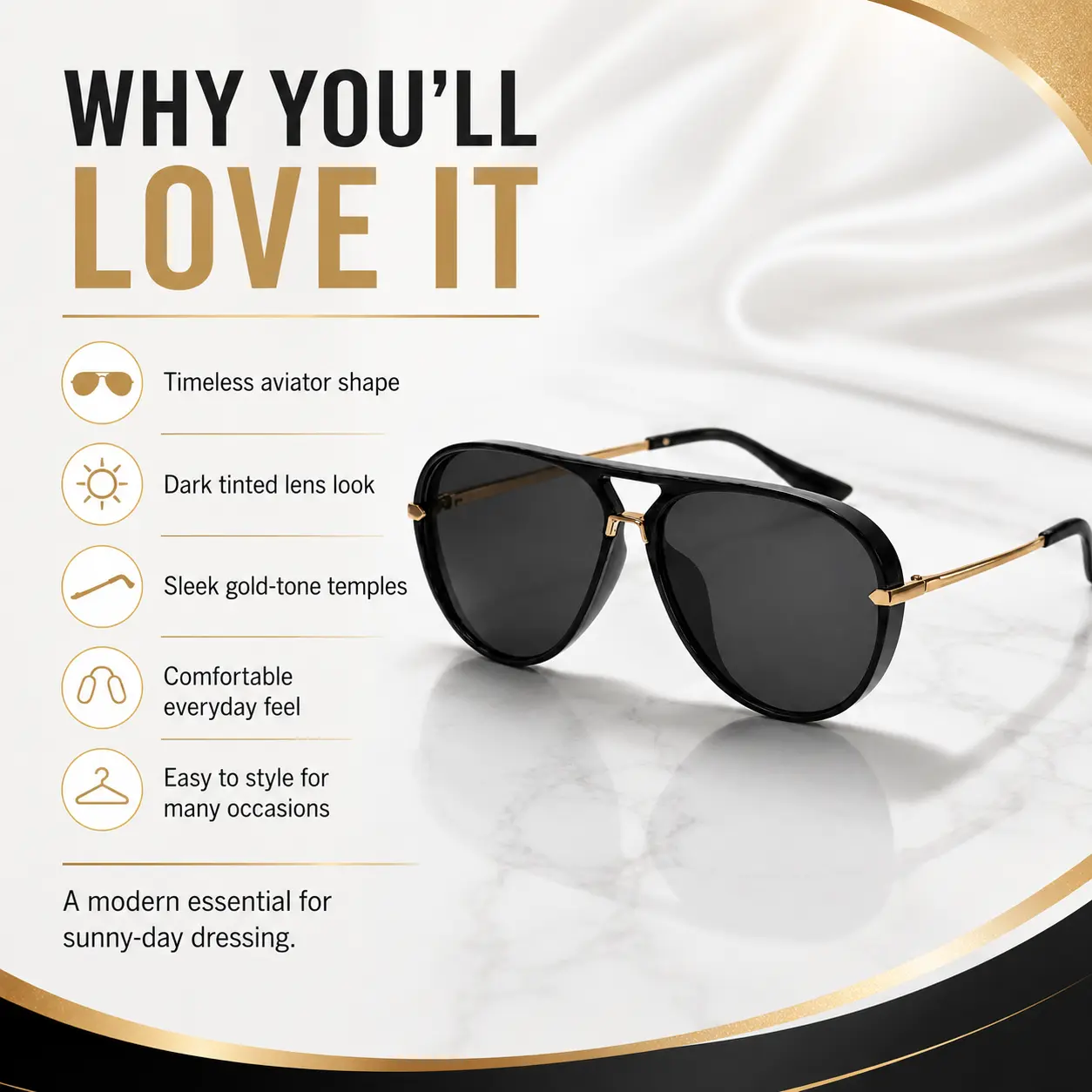 Classic Aviator Sunglasses, Oversized Black Frame with Dark Tinted Lenses, Gold-Tone Metal Temples, Comfort Nose Pads, Unisex Everyday Eyewear