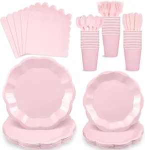 175 Pcs Pink Paper Plates and Napkins Set Include 9" Easter Plates, 7" Dessert Plate Disposable Scalloped Tableware Serve 25 Guest for Wedding Baby Shower Bridal Shower Birthday Mother's Day