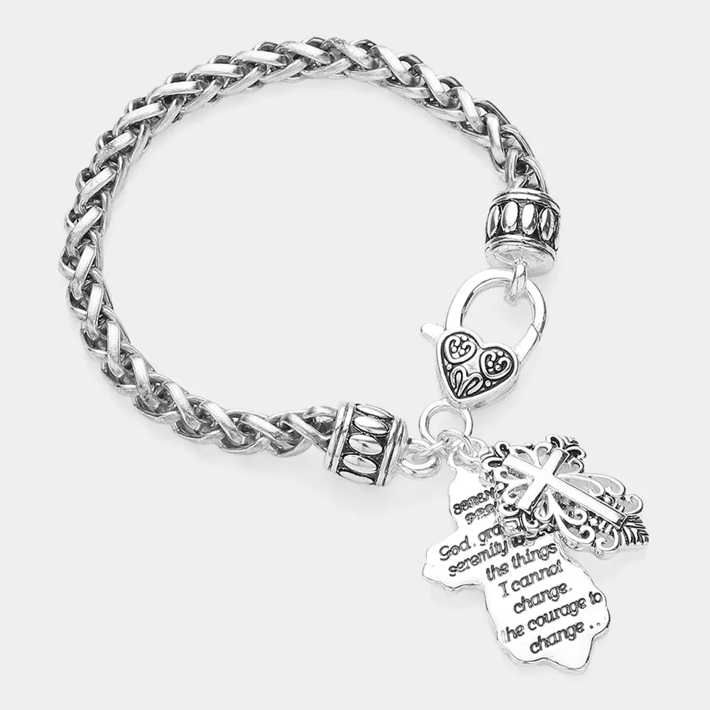 Serenity Prayer Message Antique Cross Charm Bracelet Inspirational Jewelry