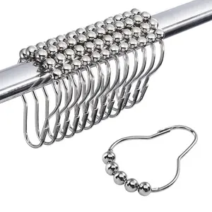 12Pcs/Pack Silver 5 Roller Satin Nickel Ball Shower Bath Curtain Rings Hook Loop Clasp  Bath Room Tool Curtain Accessories