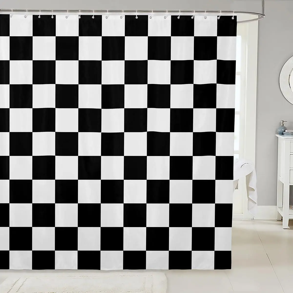 Checkered Retro Shower Curtain Women Men Black White Plaid Bathroom Waterproof Accessories with 12 Hooks Geometric Vintage Modern Room Decor